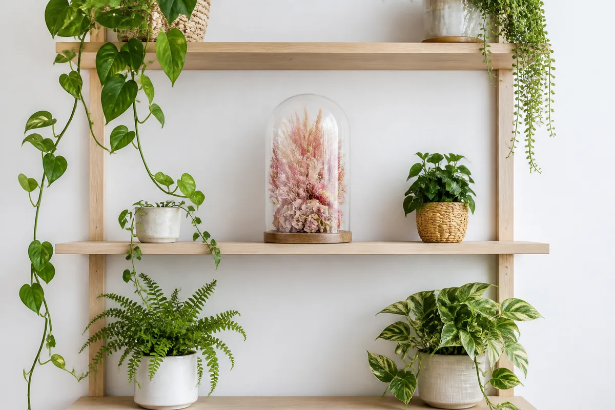Étagère murale en bois clair garnie de pots de plantes vertes retombantes, avec une cloche en verre sur socle bois au centre de la tablette, mur blanc, lumière du jour