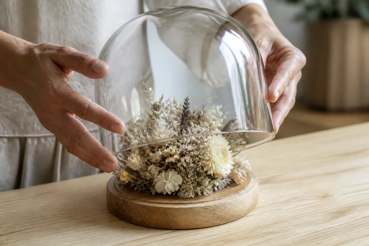 Mains d’adulte soulevant délicatement une cloche en verre de son socle en bois pour dépoussiérer une composition de fleurs séchées, plan rapproché sur un plan de travail clair, lumière naturelle