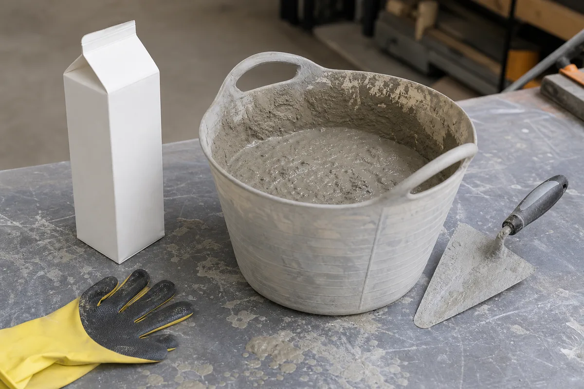 Gros plan sur un moule en carton et un seau rempli de béton frais, truelle et gants posés à côté sur une table d’atelier