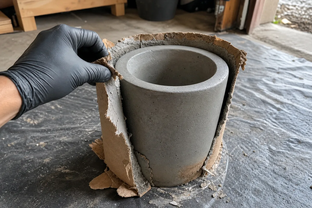 Main gantée en train de démouler délicatement un pot en béton gris d’un moule en carton sur une bâche de protection