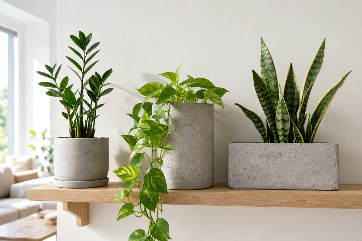 Trois porte-plantes en béton de tailles différentes alignés sur une étagère en bois avec des plantes vertes variées