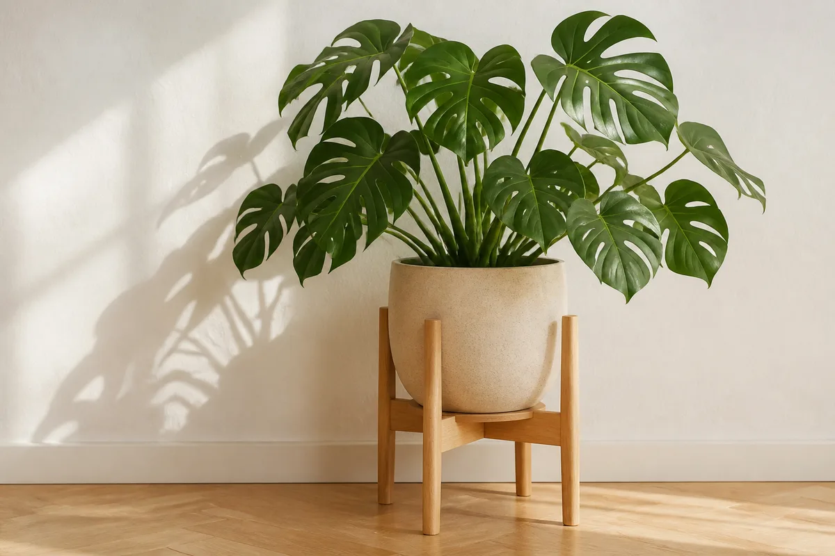 Support à plantes en bois clair terminé, portant un monstera au feuillage découpé, devant un mur blanc, lumière naturelle rasante
