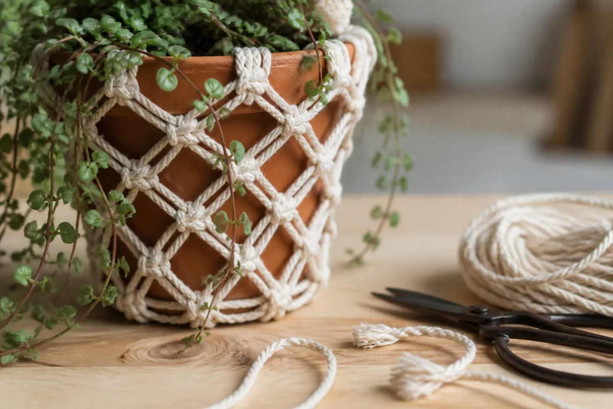 Cordage de coton écru noué en macramé autour d&rsquo;un pot en terre cuite, posé sur un plan de travail en bois clair