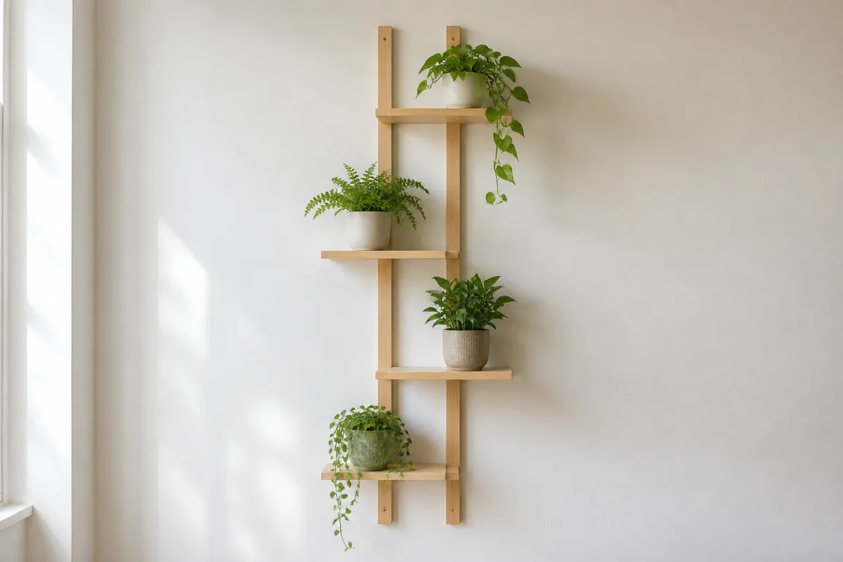 Colonne murale en bois à plateaux décalés fixée sur un mur blanc, garnie de plantes vertes retombantes, lumière du jour