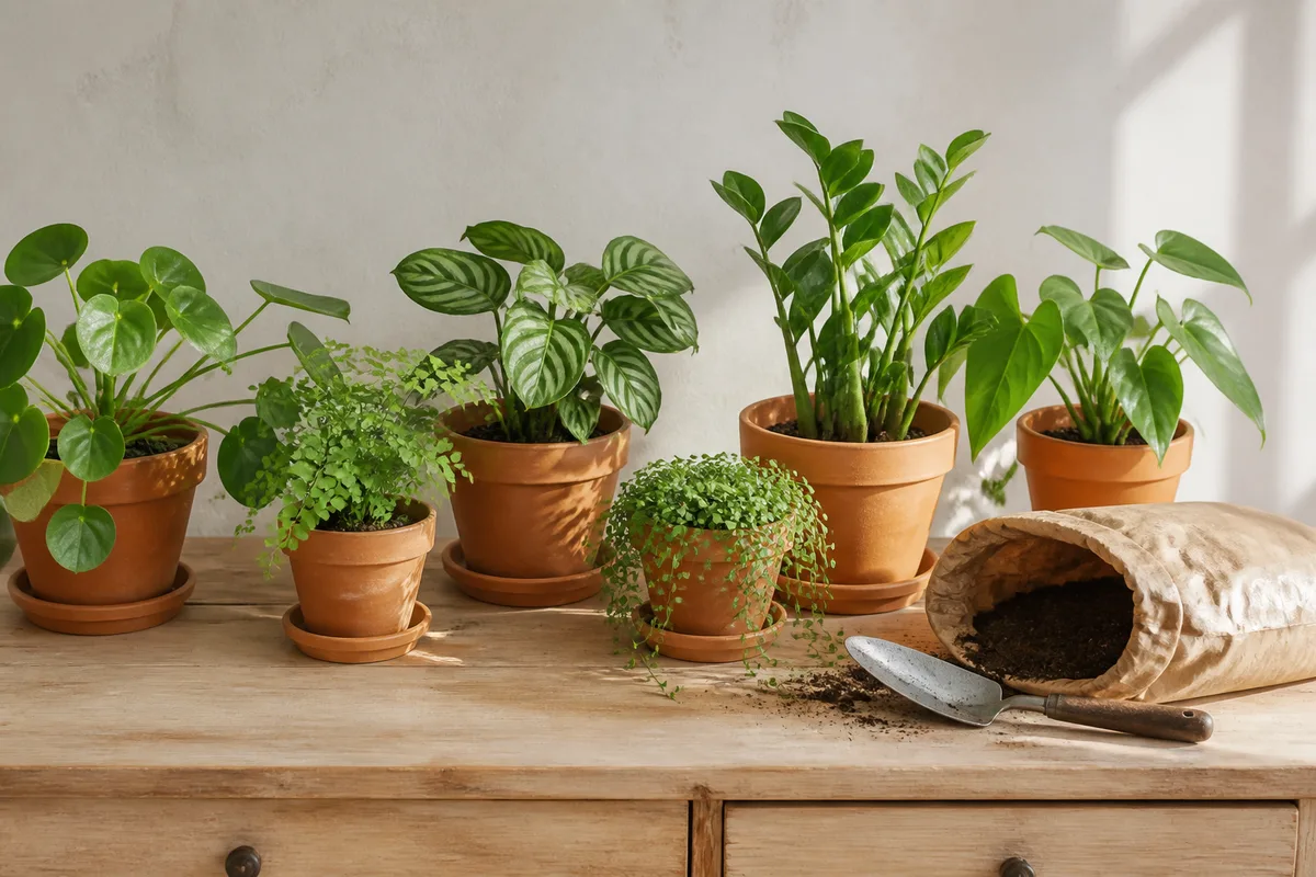 Plusieurs plantes vertes en pots de terre cuite alignées sur un plan de travail en bois clair, avec un sac de terreau ouvert et une petite pelle métallique, lumière naturelle de fenêtre