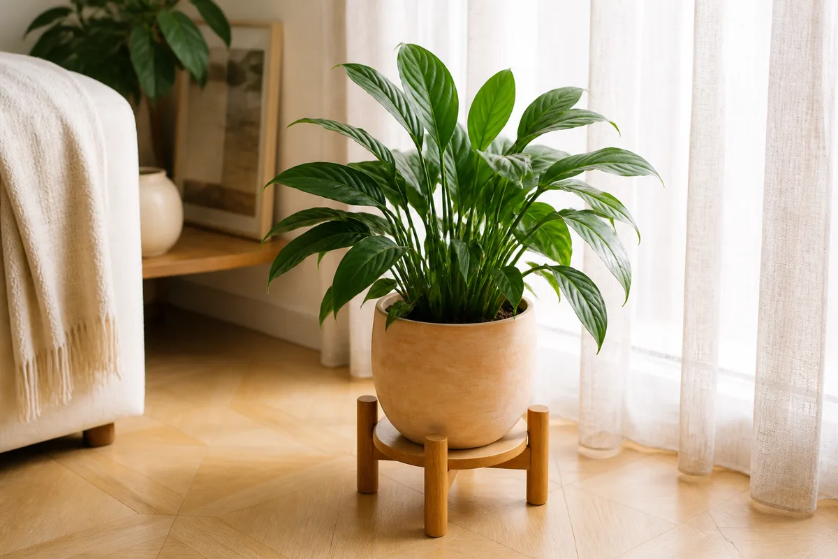 Plante verte fraîchement rempotée dans un pot en terre cuite clair, posée sur un support en bois près d&rsquo;une fenêtre voilée, feuillage bien étalé, ambiance lumineuse tamisée