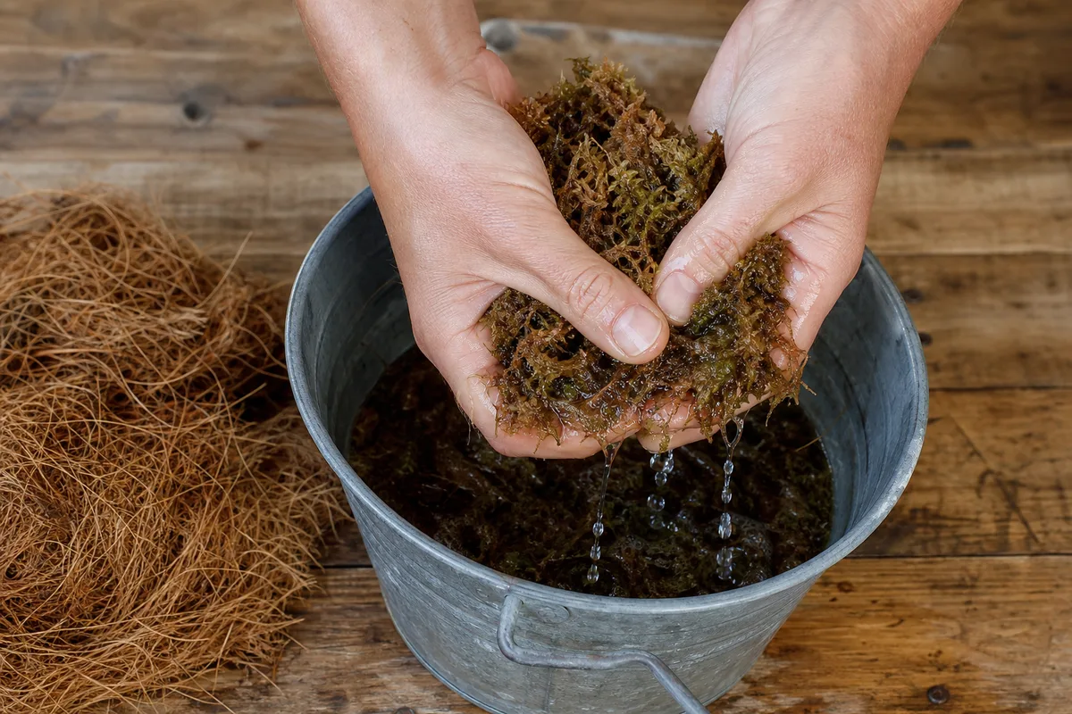 Mousse de sphaigne réhydratée essorée à la main au-dessus d’un seau, sur un plan de travail en bois