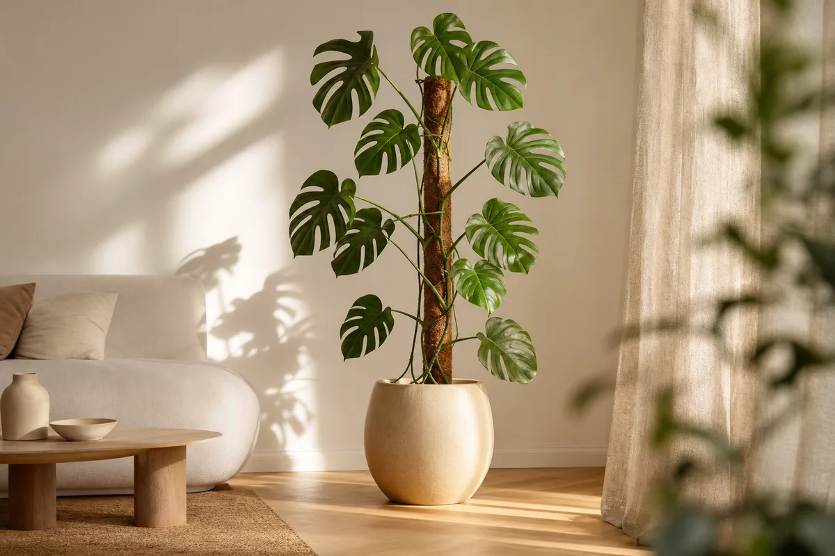 Monstera adulte redressé sur une colonne de mousse verticale dans un salon clair, vue de trois quarts